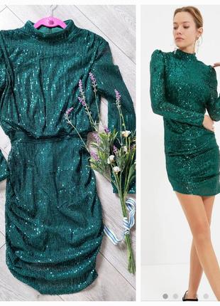 🌿зеленое кэжуал платье- футляр в паетки с длинным рукавом и стойкой воротником  shein ( размер 36-38)