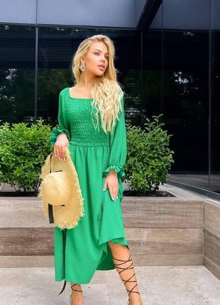 Сукня міді зелена однотонна на довгий рукав вільного крою на резинці якісна стильна трендова