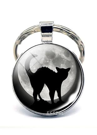 Брелок металлический круглый "полнолуние", черная кошка/кот