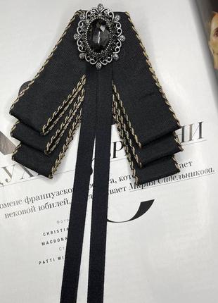 Брошь галстук-бабочка женская черная с коричневой окантовкой3 фото