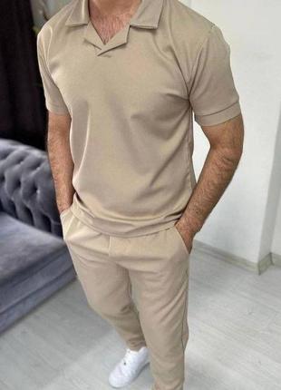 Костюм мужской футболка поло+брюки цвет: серый, черный, беж, синий3 фото