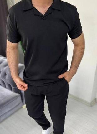 Костюм мужской футболка поло+брюки цвет: серый, черный, беж, синий2 фото