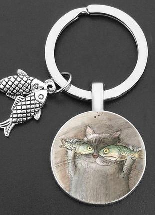 Брелок металлический круглый кот и рыбки1 фото