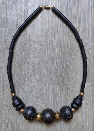 Авторське кольє, намисто, чокер, підвіска, буси, коралі дерев'яні намистини, дерево, латунь, під вінтаж, в етно стилі, бохо, етніка