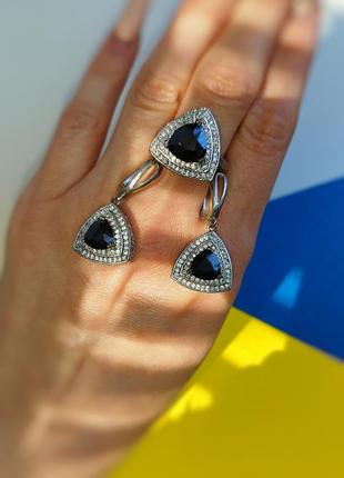 💎 " серебряный " набор кольцо серьги в камнях с черным камнем комплект сережки колечко фианиты цирконий2 фото