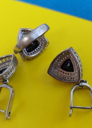 💎 " серебряный " набор кольцо серьги в камнях с черным камнем комплект сережки колечко фианиты цирконий3 фото