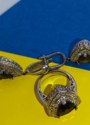💎 " серебряный " набор кольцо серьги в камнях с черным камнем комплект сережки колечко фианиты цирконий5 фото