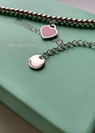 Брендовый браслет в стиле тиффани с розовым сердцем