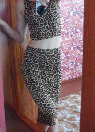 Літній приталену сукню міді,топ+спідниця міді,леопардовий принт3 фото
