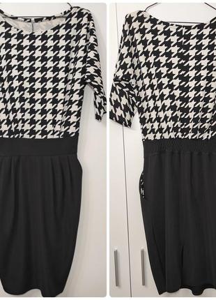 Черно-белое элегантное деловое платье миди р.48-50 принт гусиная лапка