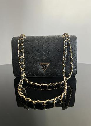 Женская сумка guess black logo с цепочкой модная сумка черного цвета через плечо гес