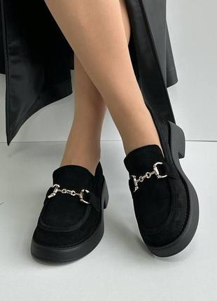 Туфли женские лоферы  замшевые черные натуральная замша, фабричное качество