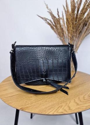Стильная сумка, сумочка женская полукруглая рептилия черная с двумя ремнями9 фото