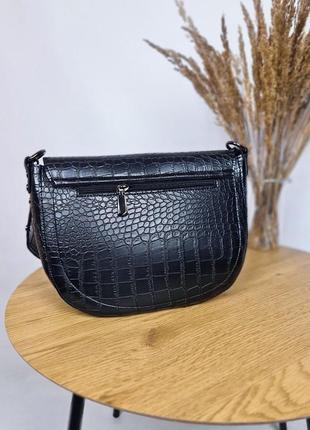 Стильная сумка, сумочка женская полукруглая рептилия черная с двумя ремнями8 фото