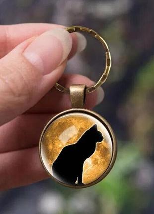 Брелок металевий круглий "повний місяць". кішка/кіт v22 фото