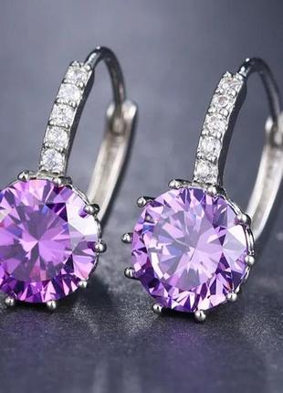 Серебряные серьги-кольца с фиолетовыми фианитами!5 фото
