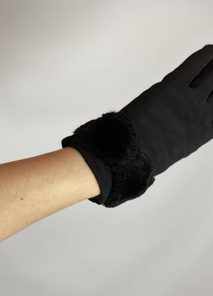 Замшеві чорні перчатки із плюшевим бантиком5 фото