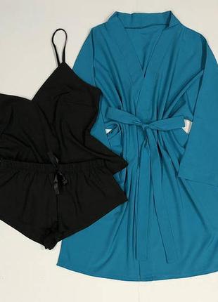Пижамный комплект халат и пижамка софт. комплект для сна пижама майка и шортики и халат3 фото