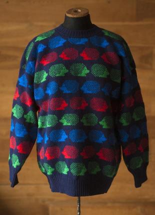 Вінтажний вовняний синій светр з геометричним принтом жіночий maggie howe, розмір s, м