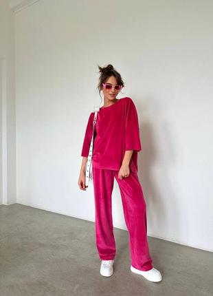 Костюм спортивный брючный плюшевый велюровый голубой малиновый молочный брюки штаны джоггеры футболка кофта свитер