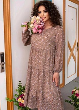 Платье ⚫️🩶лето 58 56 54 52 размеры р большие батал женские женское сукня цветочек цветочное принт шифон рукав р8 фото