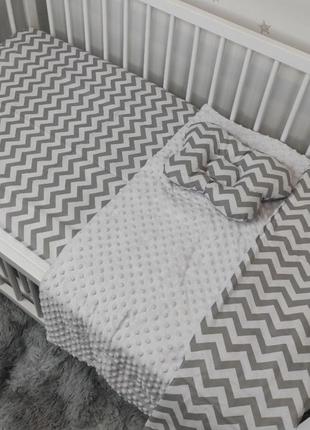 Комплект постельного белья для новорожденных манюня зигзаг в кроватку ( коляску) плед + подушка + простынь