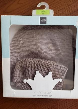 M&s набор комплект шапка бини и варежки рукавички коричневая вязаная шерсть кашемир мальчику 18-24-36м 1.5-2-3г 86-92-98см2 фото