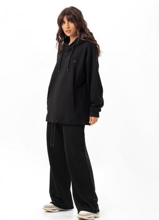 Худі жіноче подовжене бавовняне чорне з капюшоном, з кишенями, спортивна кофта довга чорна9 фото