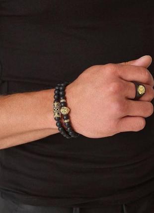 Мужские браслеты из натуральных камней со львом из агата (комплект) черные3 фото