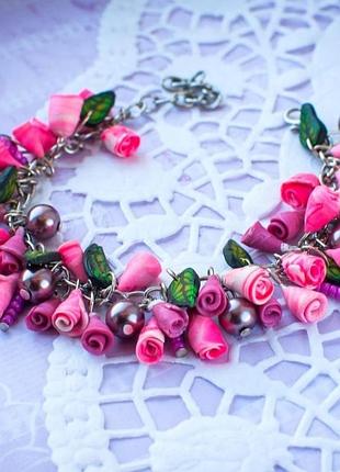 Браслет ручн раб полимерн глина цветы украшен hand made бижутер бохо этно стиль розы