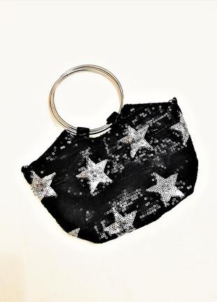 Красивая мини сумочка вечерняя чёрная с серебряными звёздами пайетки ручки круглые металл женская