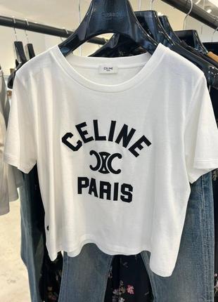 Женская текстильная белая футболка celine paris с черным логотипом селин