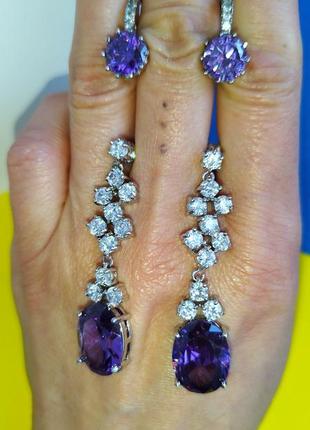 💎 люксовая ювелирная бижутерия серьги с камнями сиреневый фиолетовый камни гвоздики кольца2 фото