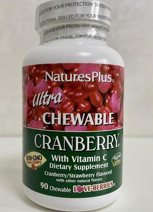 Nature's plus, ultra chewable cranberry з вітаміном c, журавлина / полуниця, 90 жувальних ягод