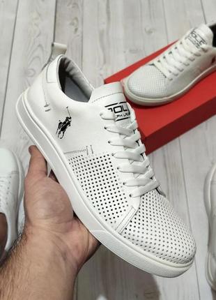 Кеды, кроссовки, сникерсы мужские кожаные polo белые с перфорацией