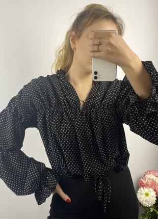 Чорна блуза кофта в горох на зав'язках
