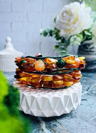 Двойной браслет из янтаря, браслет чанга из кожи и янтаря