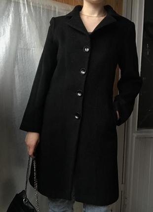 Базовое двубортное пальто чёрное шерстяное шерсть тёплое весенне длинное
