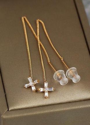 Сережки протяжки xuping jewelry хрестик із фіанітів 7 см золотисті