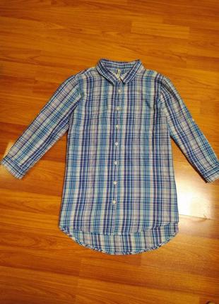 Сорочка блузка в клітинку рубашка жіноча оверсайз з рукавом 3/4 бавовняна блакитна