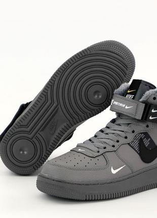 Зимові високі шкіряні кросівки nike Bulls air force 1 mid tm grey (теплі кросівки на хутрі найк аір форс сірі)