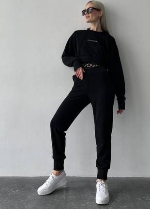 Костюм спортивный женский черный однотонный укороченный свитшот брюки на высокой посадке с карманами качественный стильный туреченица