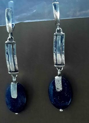 Уникальные дизайнерские серебряные серьги с мистическим настоящим авантюрином ночь каира9 фото