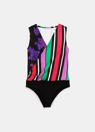 Zara боді на запах кольоровий в смужку яскравий боди блуза в стиле хиппи яркий полосатый