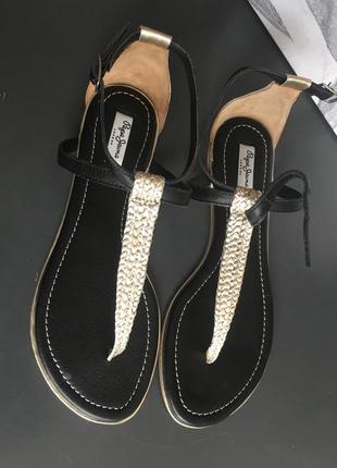 Босоніжки pepe jeans, шкіра, чорні з золотистим шкіряні 39, 26 см