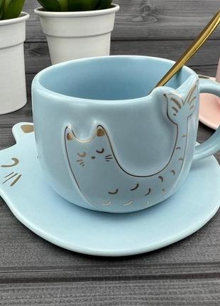 Керамическая чашка с блюдцем и ложечкой fishcat голубая