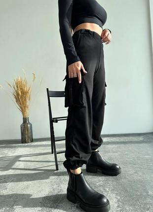 Женские однотонные прямые штаны с накладными карманами (черный, хаки, мокко, молоко); размер: 42-44, 46-486 фото