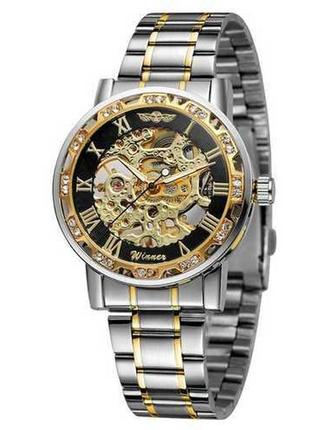 Мужские классические часы winner 8012 diamonds automatic silver-black-gold