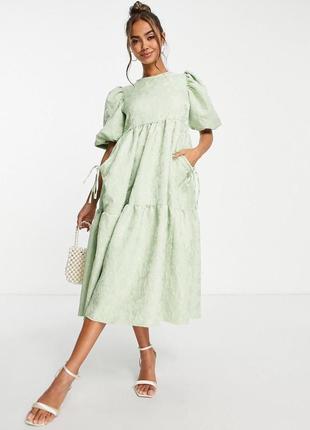 Зелене ярусне жакардове плаття міді з кишенями-книжками asos design