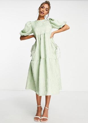 Зеленое ярусное жаккардовое платье миди с карманами-книжками asos design3 фото